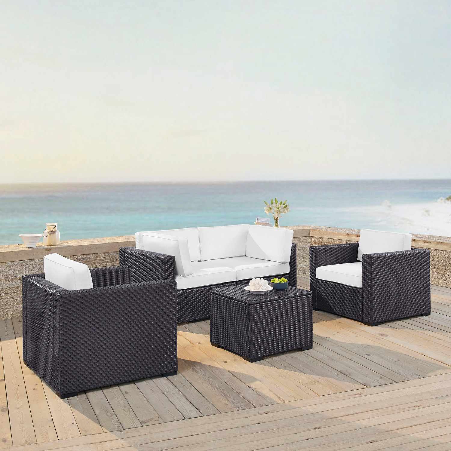 Crosley Biscayne 5-PC Outdoor Wicker Sectional Set - 2 Armchairs, 2 Corner Chair, Coffee Table - White/Brown
