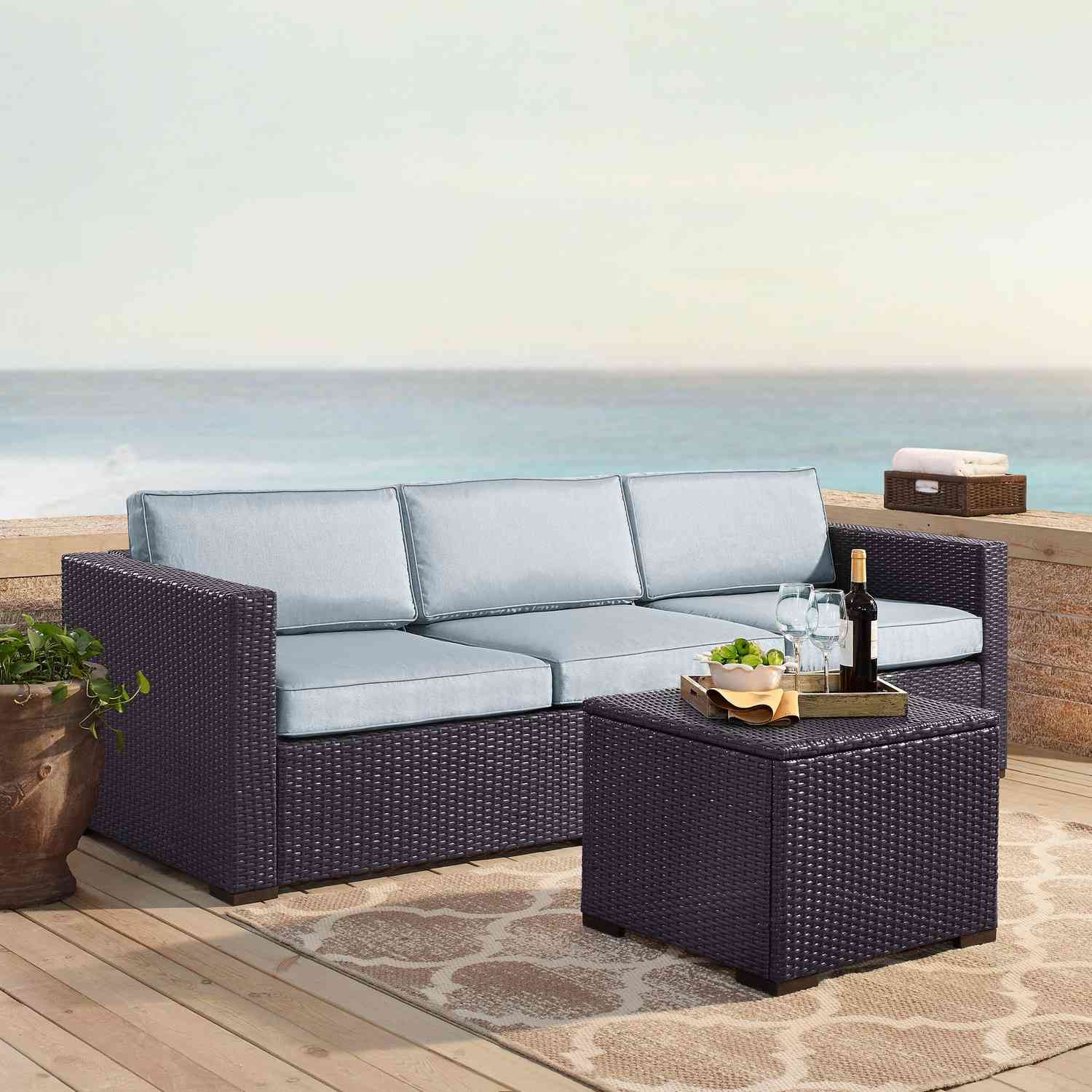 Crosley Biscayne 3-PC Outdoor Wicker Sectional Set - Loveseat, Corner Chair, Coffee Table - Mist/Brown