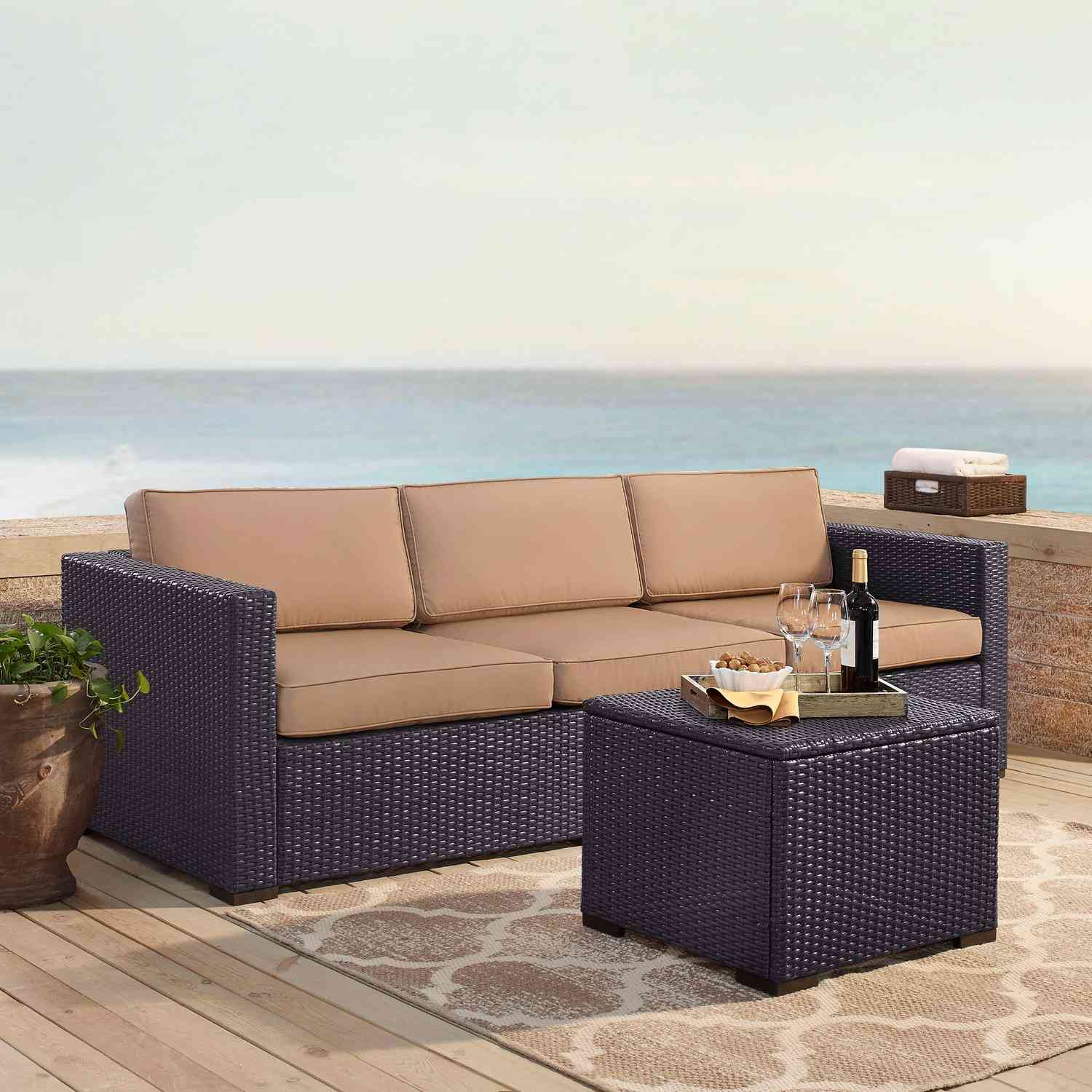 Crosley Biscayne 3-PC Outdoor Wicker Sectional Set - Loveseat, Corner Chair, Coffee Table - Mocha/Brown