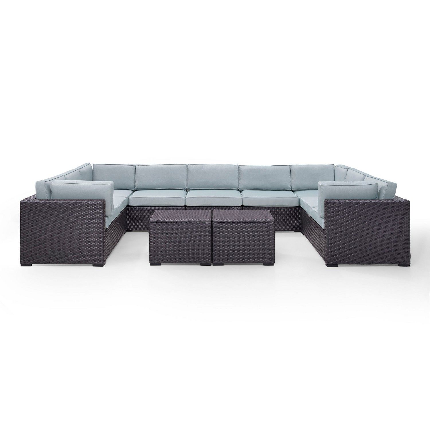 Crosley Biscayne 7-PC Outdoor Wicker Sectional Set - 4 Loveseats, Armless Chair, 2 Coffee Tables - Mist/Brown