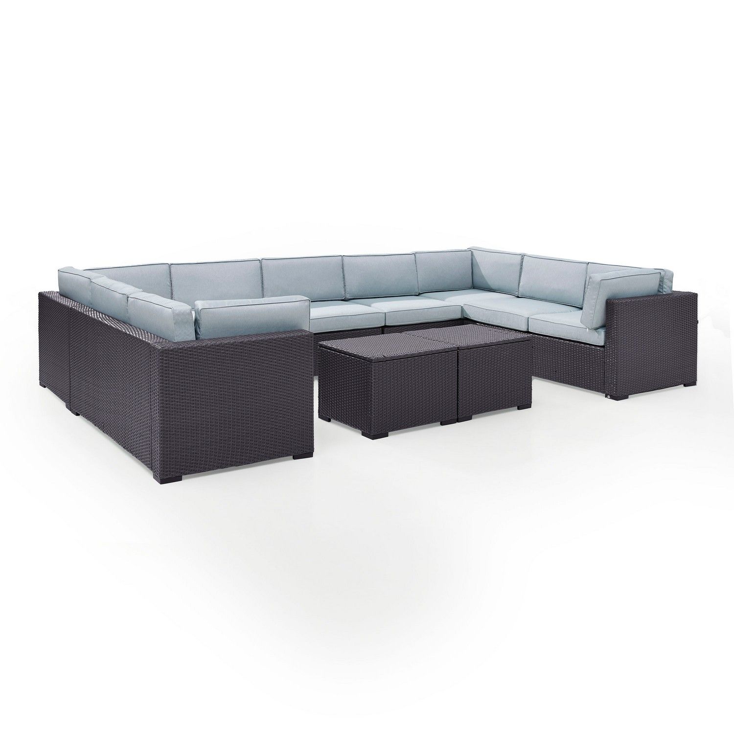Crosley Biscayne 7-PC Outdoor Wicker Sectional Set - 4 Loveseats, Armless Chair, 2 Coffee Tables - Mist/Brown