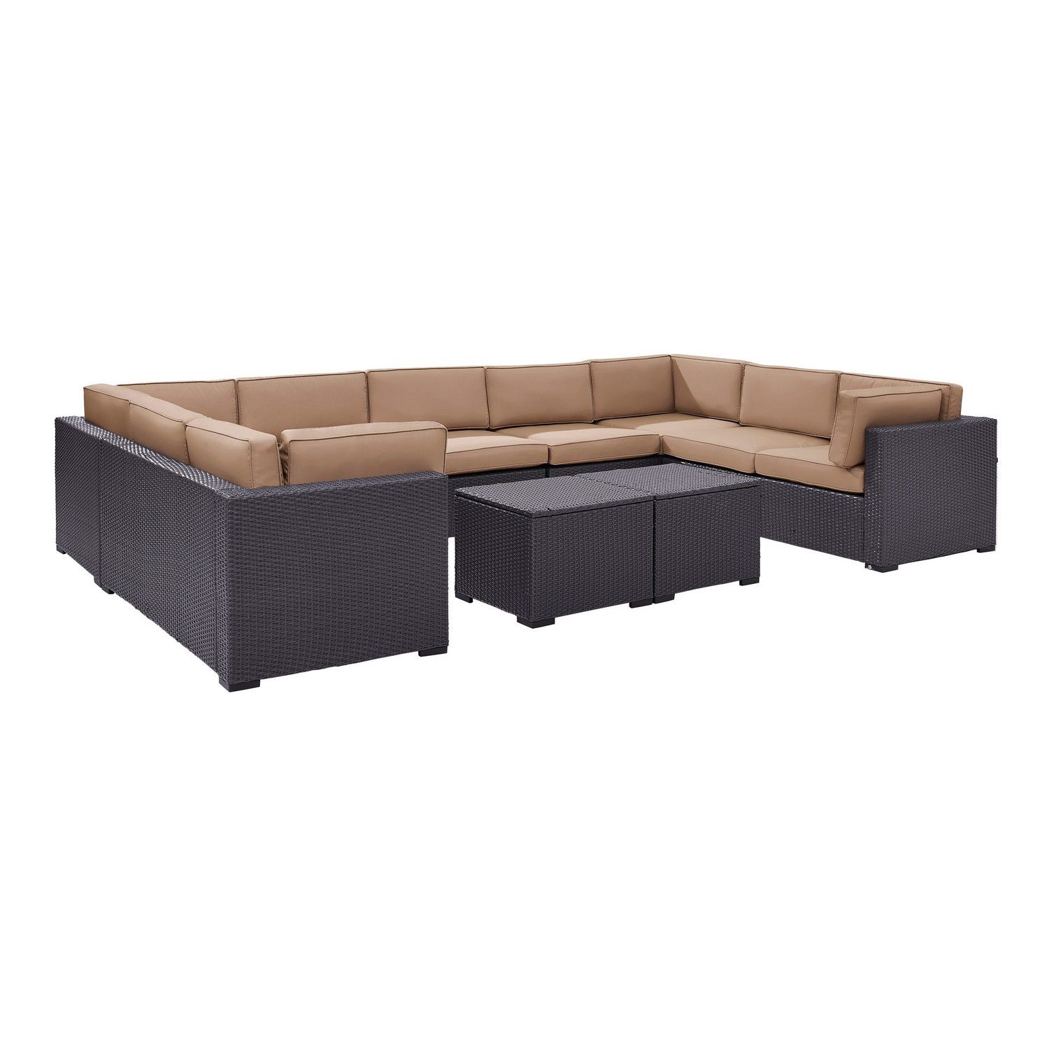 Crosley Biscayne 7-PC Outdoor Wicker Sectional Set - 4 Loveseats, Armless Chair, 2 Coffee Tables - Mocha/Brown