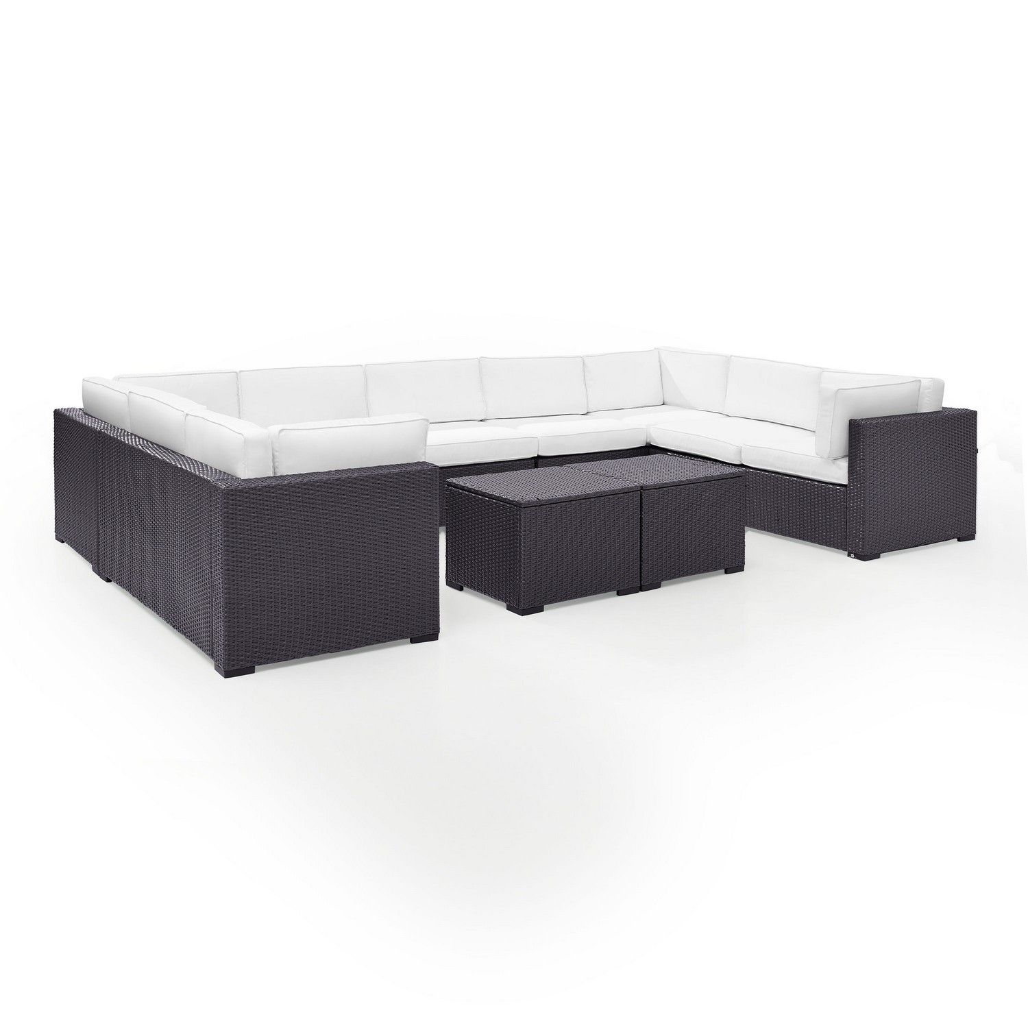 Crosley Biscayne 7-PC Outdoor Wicker Sectional Set - 4 Loveseats, Armless Chair, 2 Coffee Tables - White/Brown