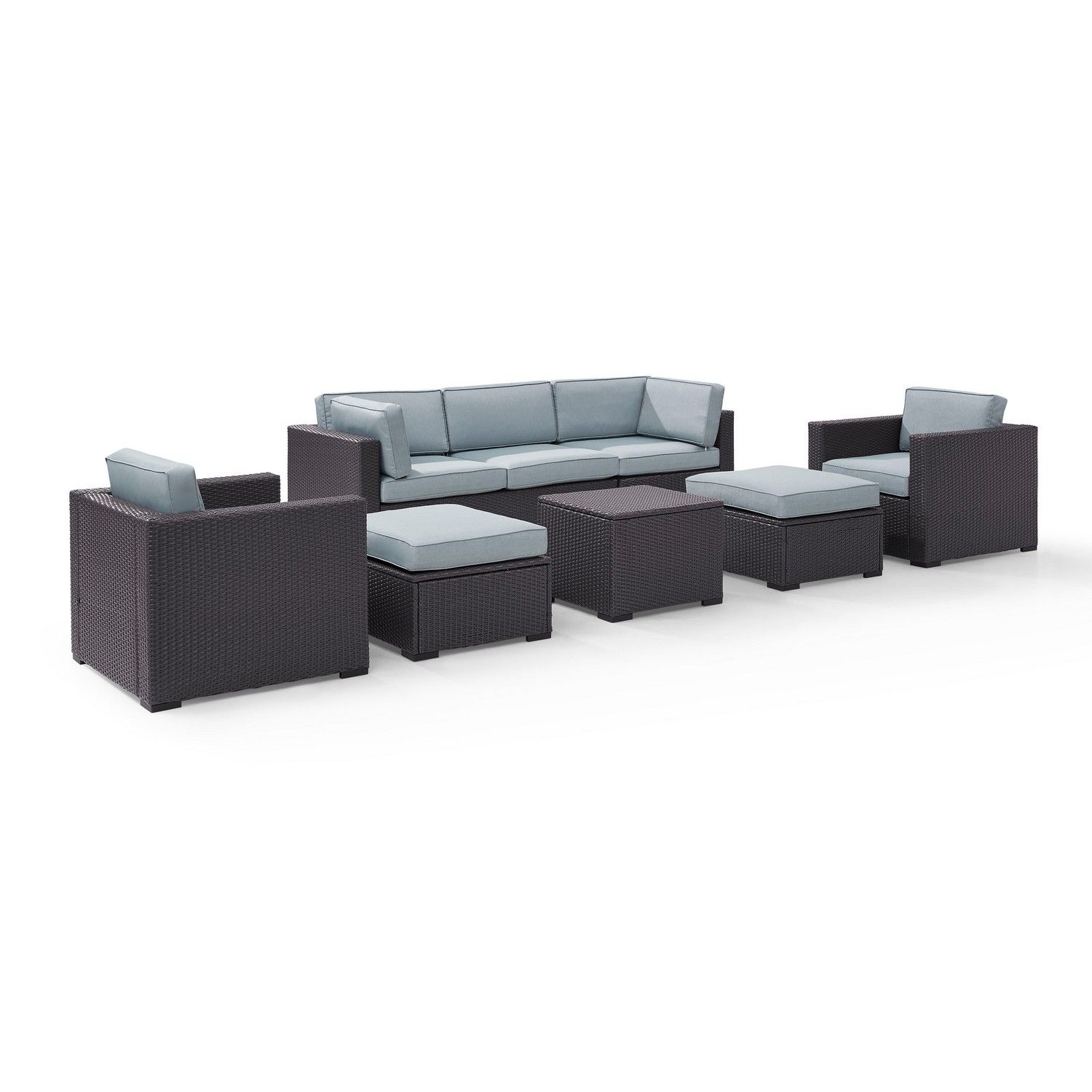 Crosley Biscayne 7-PC Outdoor Wicker Sectional Set - Loveseat, 2 Arm Chairs, Corner Chair, Coffee Table, 2 Ottomans - Mist/Brown
