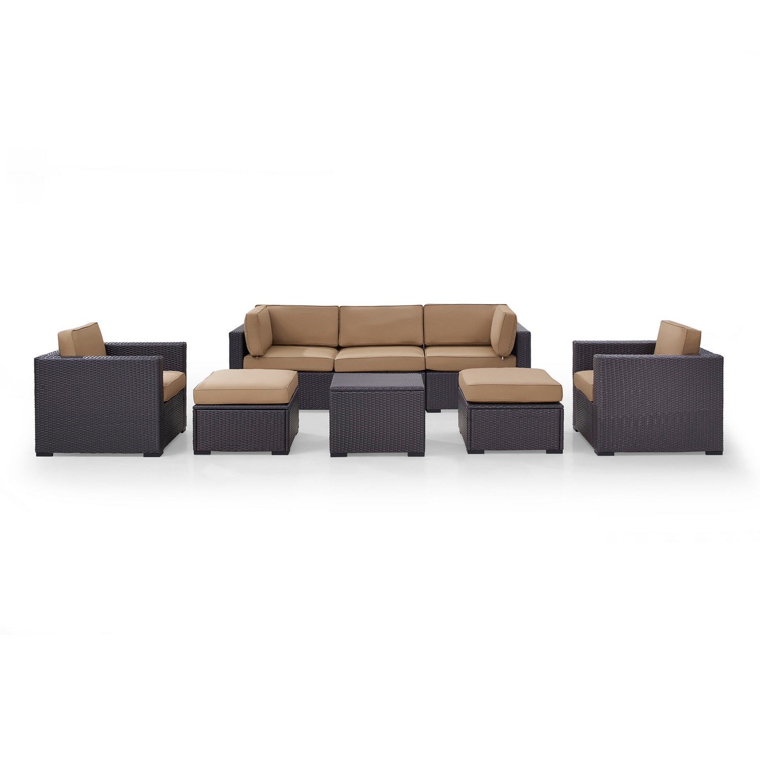 Crosley Biscayne 7-PC Outdoor Wicker Sectional Set - Loveseat, 2 Arm Chairs, Corner Chair, Coffee Table, 2 Ottomans - Mocha/Brown