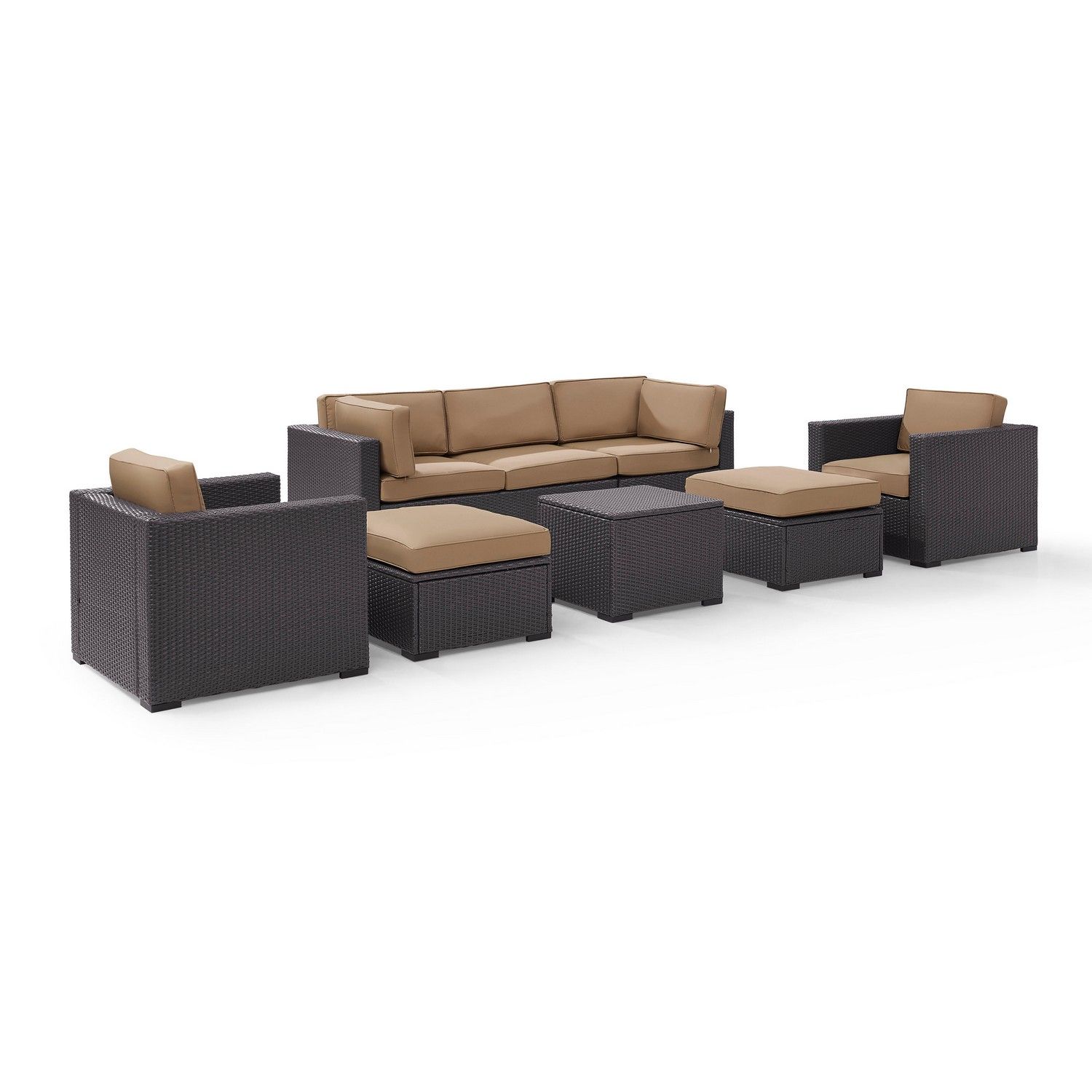 Crosley Biscayne 7-PC Outdoor Wicker Sectional Set - Loveseat, 2 Arm Chairs, Corner Chair, Coffee Table, 2 Ottomans - Mocha/Brown