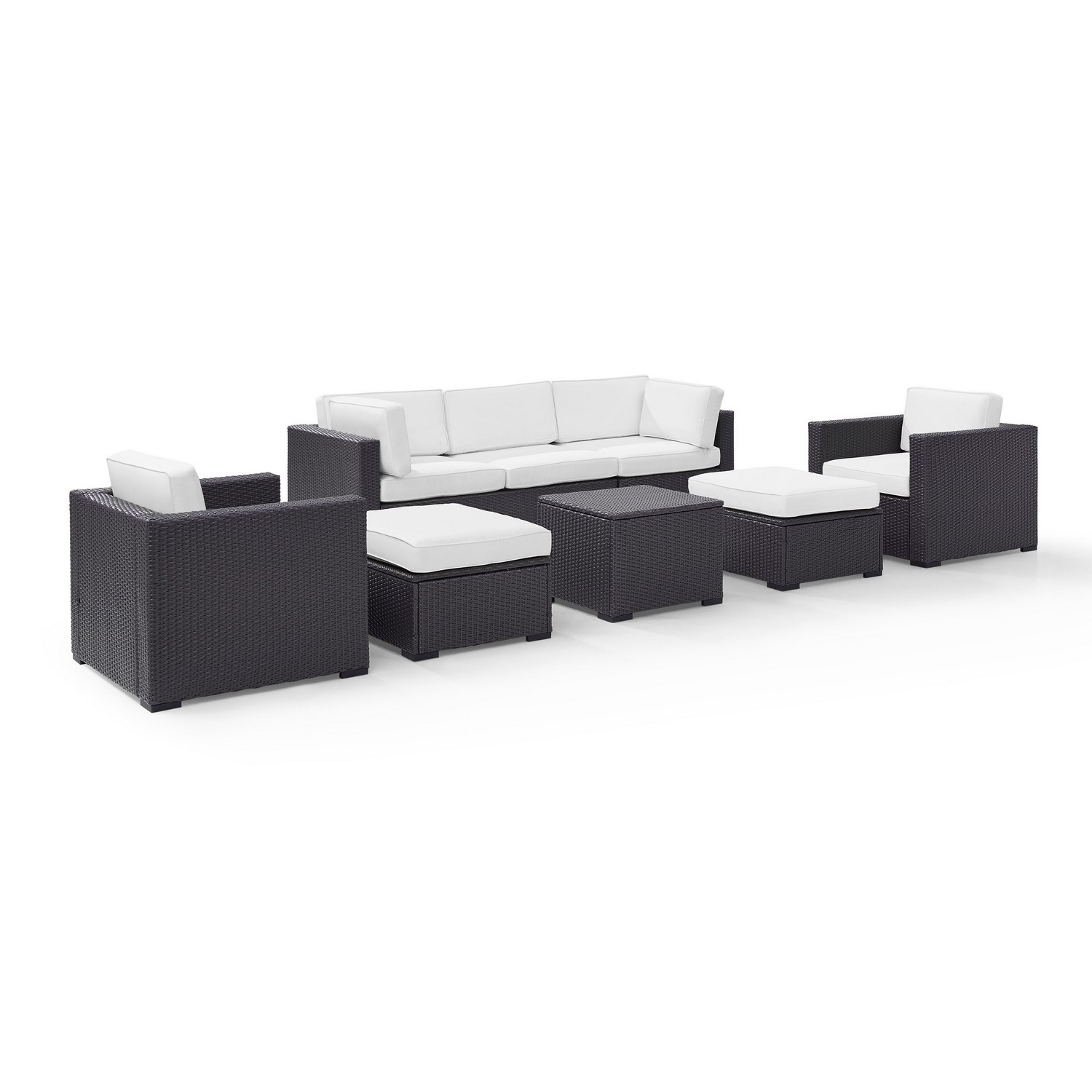 Crosley Biscayne 7-PC Outdoor Wicker Sectional Set - Loveseat, 2 Arm Chairs, Corner Chair, Coffee Table, 2 Ottomans - White/Brown