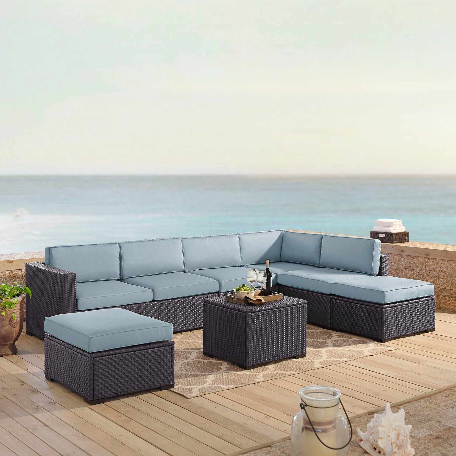 Crosley Biscayne 6-PC Outdoor Wicker Sectional Set - 2 Loveseats, Armless Chair, Coffee Table, 2 Ottomans - Mist/Brown