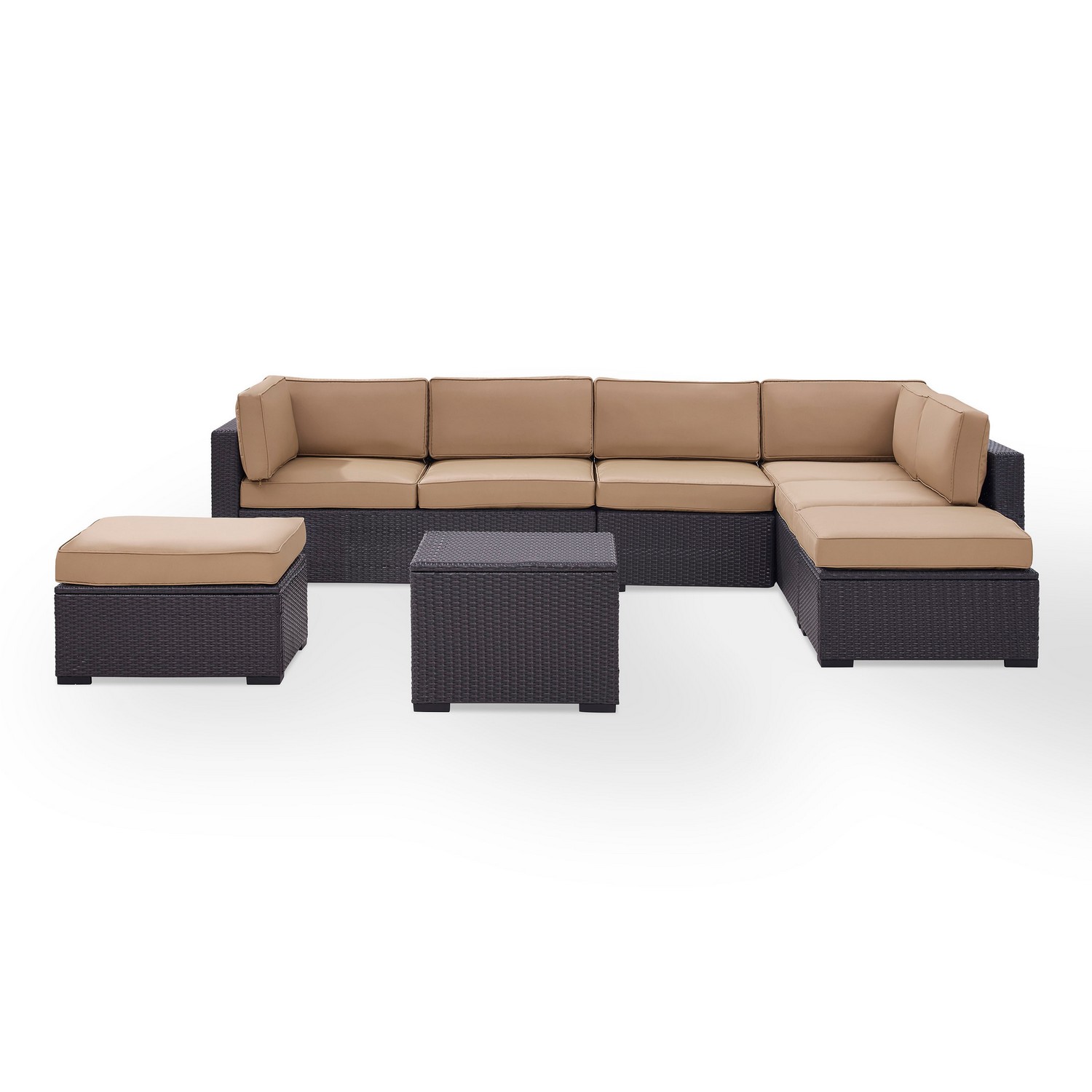 Crosley Biscayne 6-PC Outdoor Wicker Sectional Set - 2 Loveseats, Armless Chair, Coffee Table, 2 Ottomans - Mocha/Brown