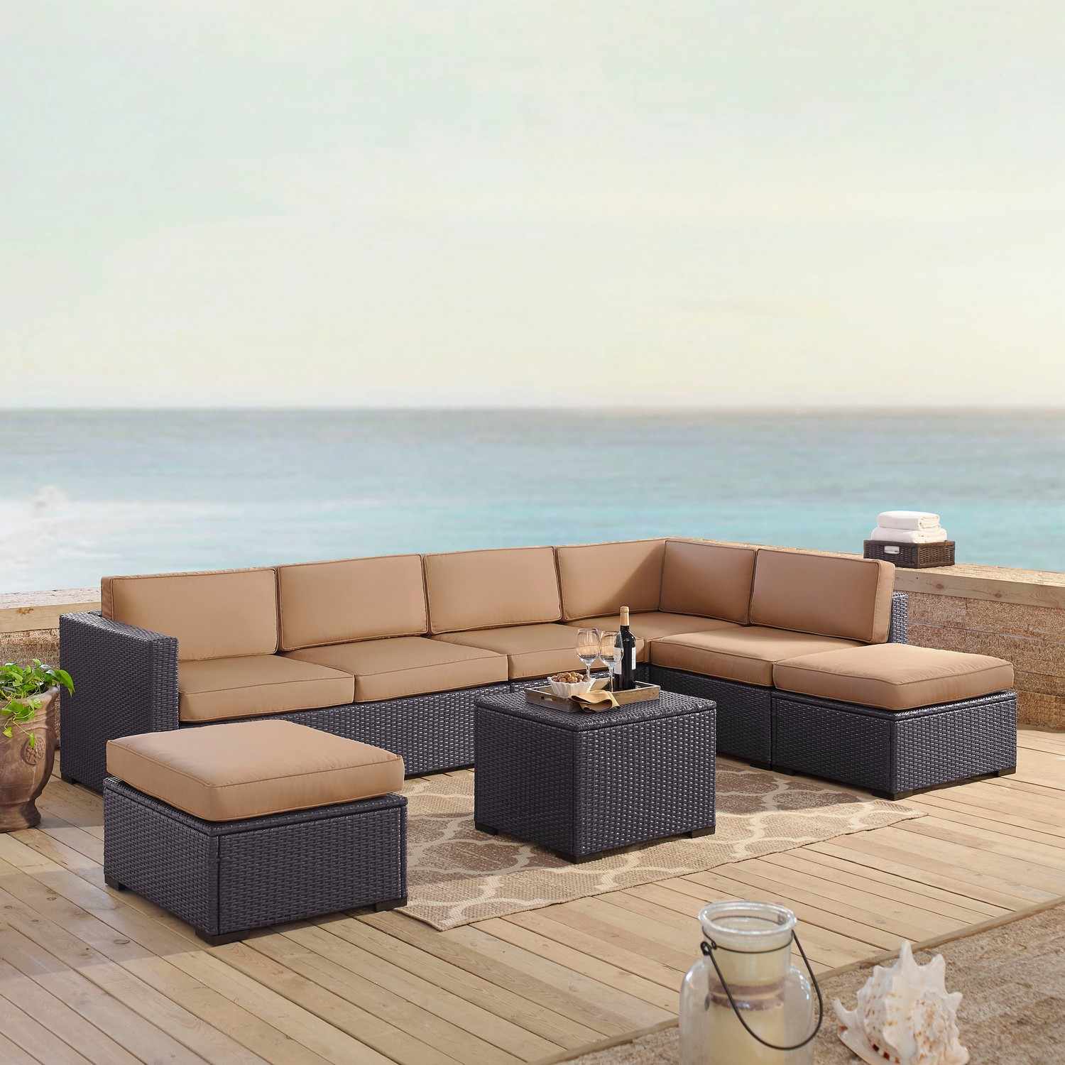 Crosley Biscayne 6-PC Outdoor Wicker Sectional Set - 2 Loveseats, Armless Chair, Coffee Table, 2 Ottomans - Mocha/Brown