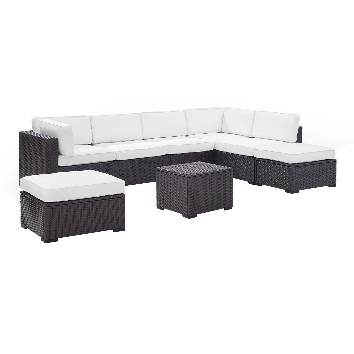 Crosley Biscayne 6-PC Outdoor Wicker Sectional Set - 2 Loveseats, Armless Chair, Coffee Table, 2 Ottomans - White/Brown