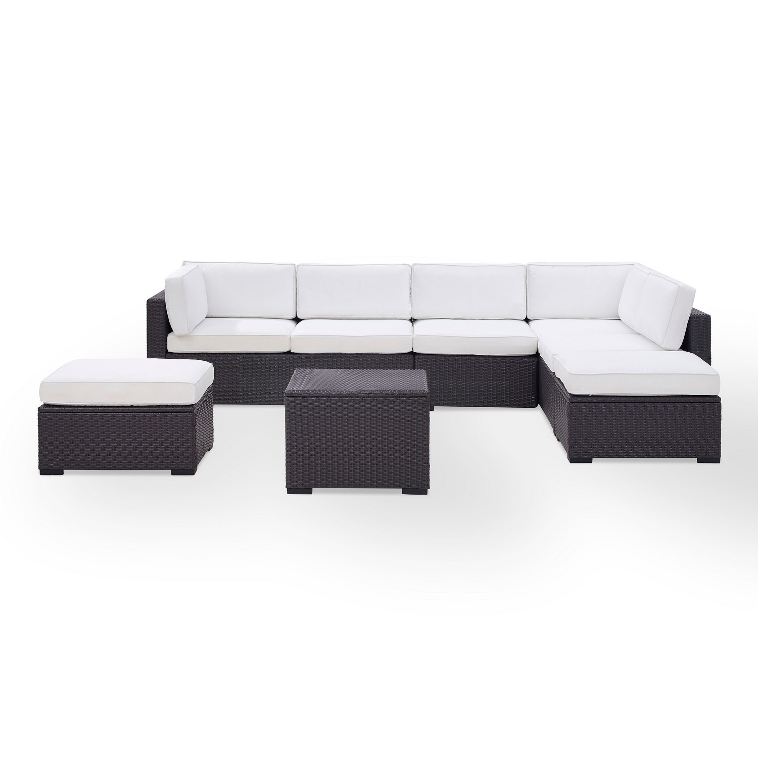 Crosley Biscayne 6-PC Outdoor Wicker Sectional Set - 2 Loveseats, Armless Chair, Coffee Table, 2 Ottomans - White/Brown
