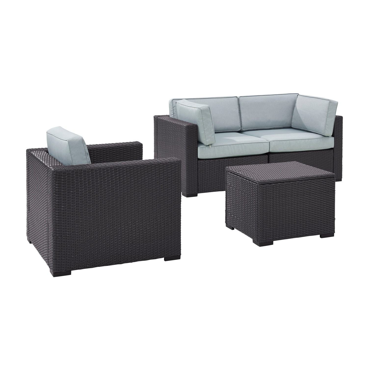 Crosley Biscayne 4-PC Outdoor Wicker Sectional Set - 2 Corner Chairs, Arm Chair, Coffee Table - Mist/Brown
