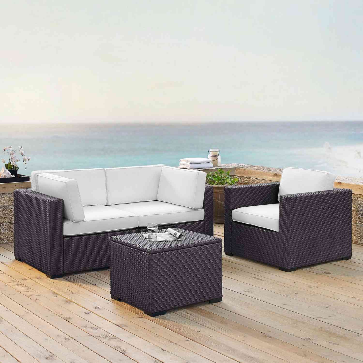 Crosley Biscayne 4-PC Outdoor Wicker Sectional Set - 2 Corner Chairs, Arm Chair, Coffee Table - White/Brown