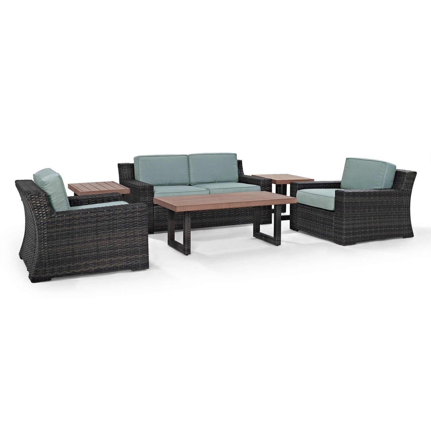 Crosley Beaufort 6-PC Outdoor Wicker Conversation Set - Loveseat, 2 Chairs, Coffee Table, 2 Side Tables - Mist/Brown