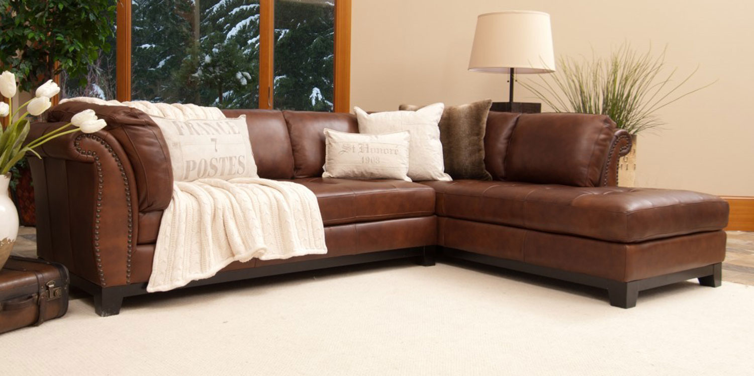 ELEMENTS Fine Home Furnishings Corsario Top Grain Leather Sectional Sofa - Bourbon