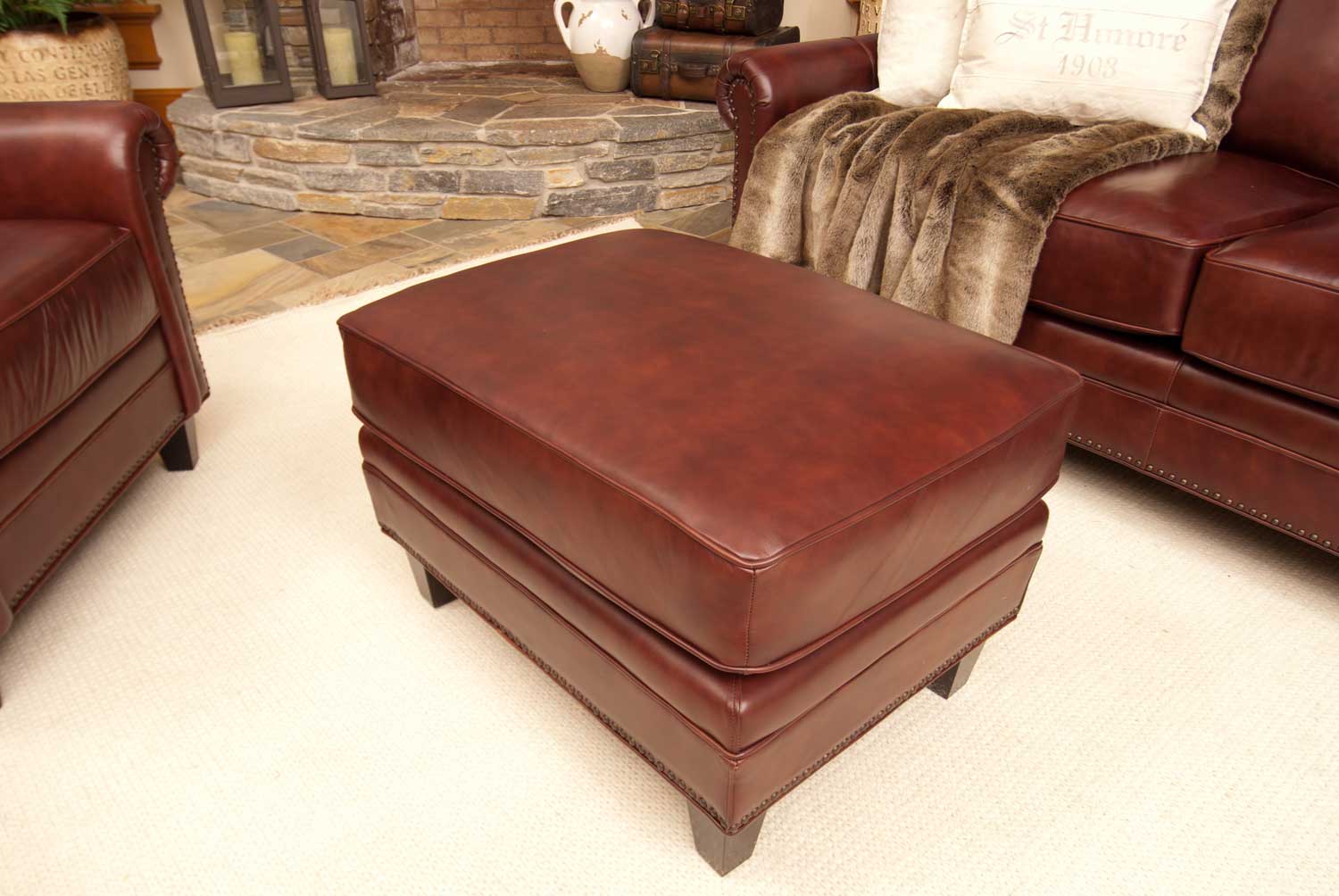 ELEMENTS Fine Home Furnishings Manchester Top Grain Leather Standard Ottoman - Barolo