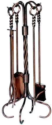 UniFlame 5 Pc Antique Copper Fireset W/ Ring/swirl Handles/tampico Brush-Uniflame