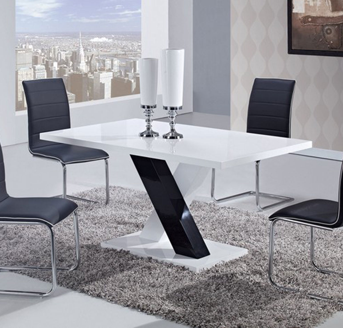 Global Furniture USA 490 Dining Table -White High Gloss MDF - Black and White Legs