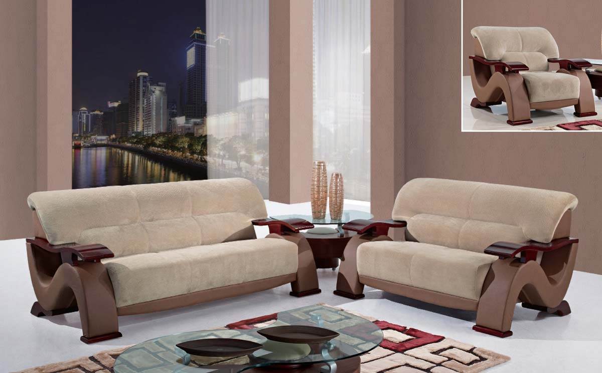 Global Furniture USA 2033 Sofa Set - Beige Fabric/Light Brown Vinyl/Mahogany Wood Legs