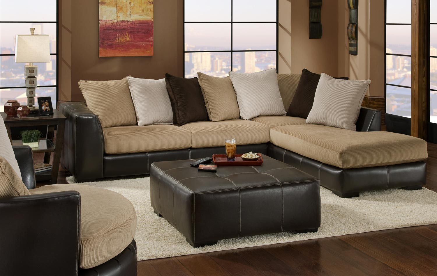 Global Furniture USA 3480 Sectional Sofa Set - Cord/Bicast - Beige/Chocolate