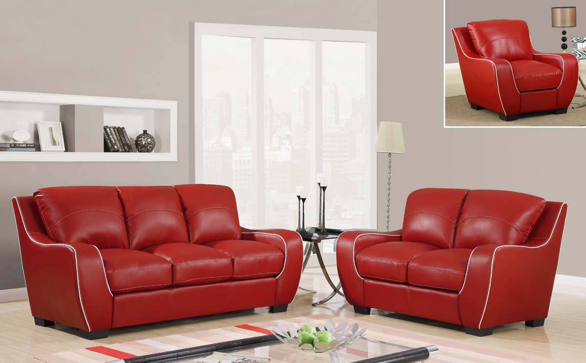 Global Furniture USA 8080 Sofa Set - Red/White/Bonded Leather with Vinyl Legs