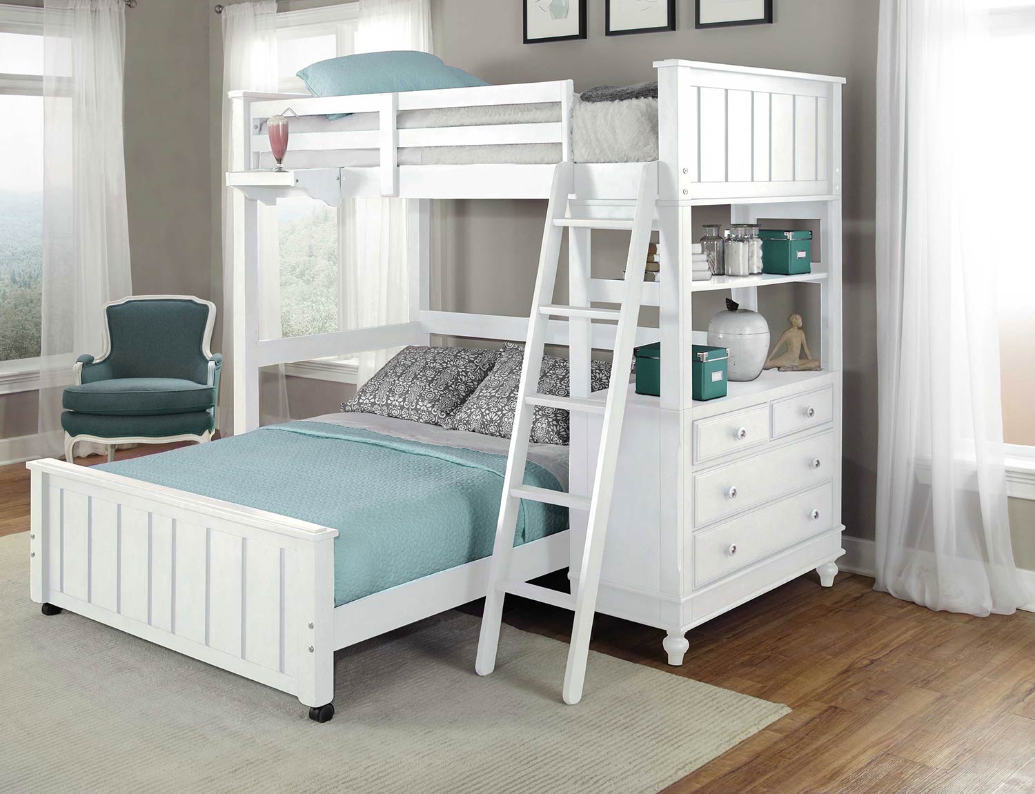 NE Kids Lake House Loft Bed with Full Lower Bed - White