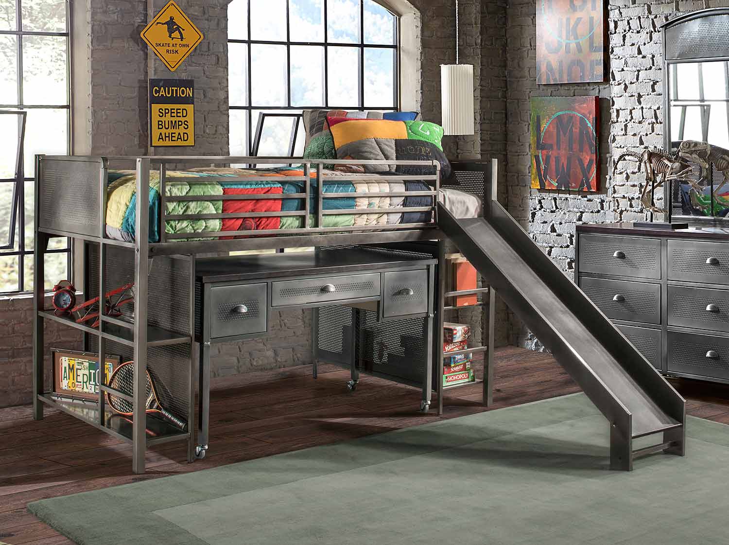 Hillsdale Urban Quarters Youth Junior Loft with Slide and Desk Black Steel HD1265JLSK at