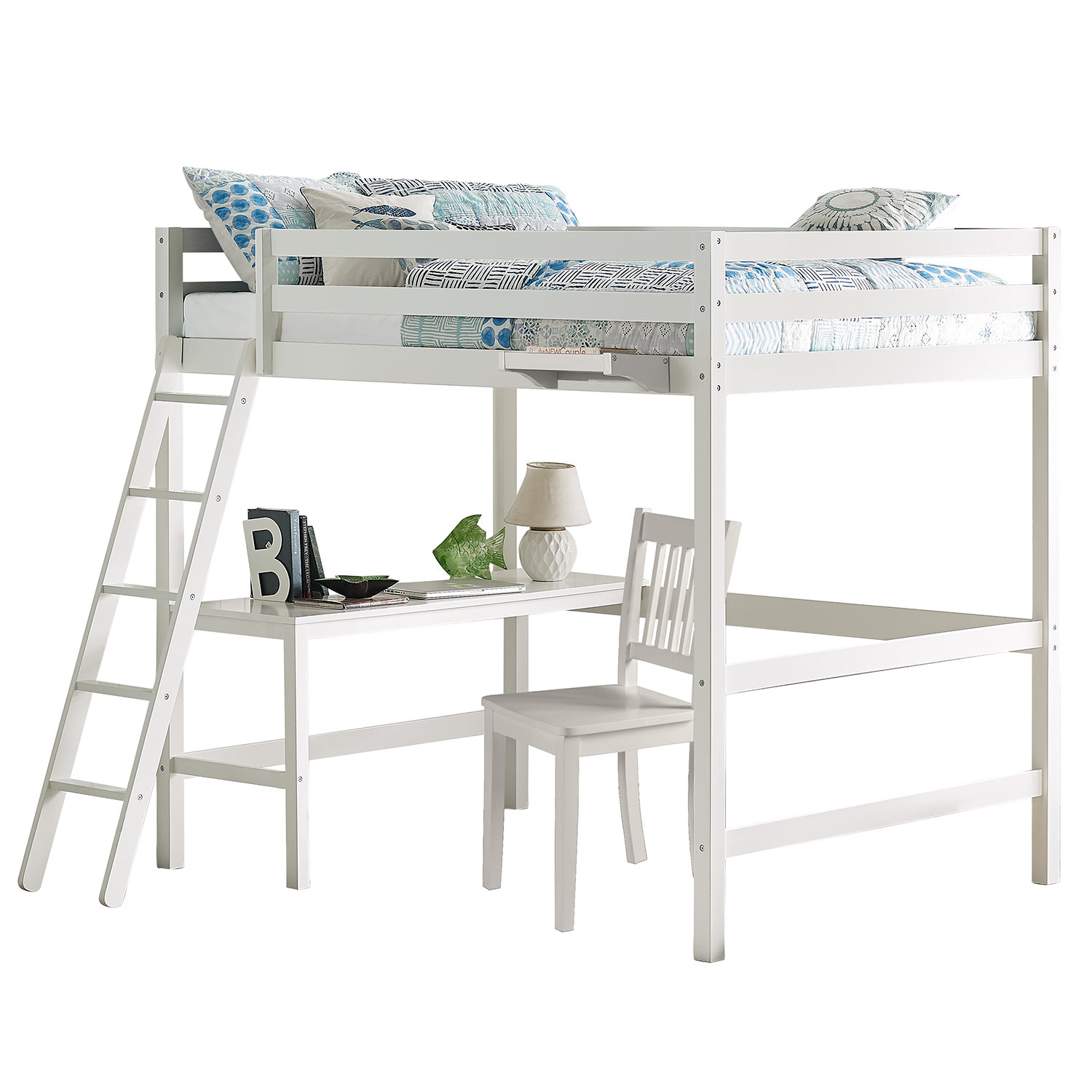 Hillsdale Caspian Full Loft Bed with Chair and Hanging Nightstand - White