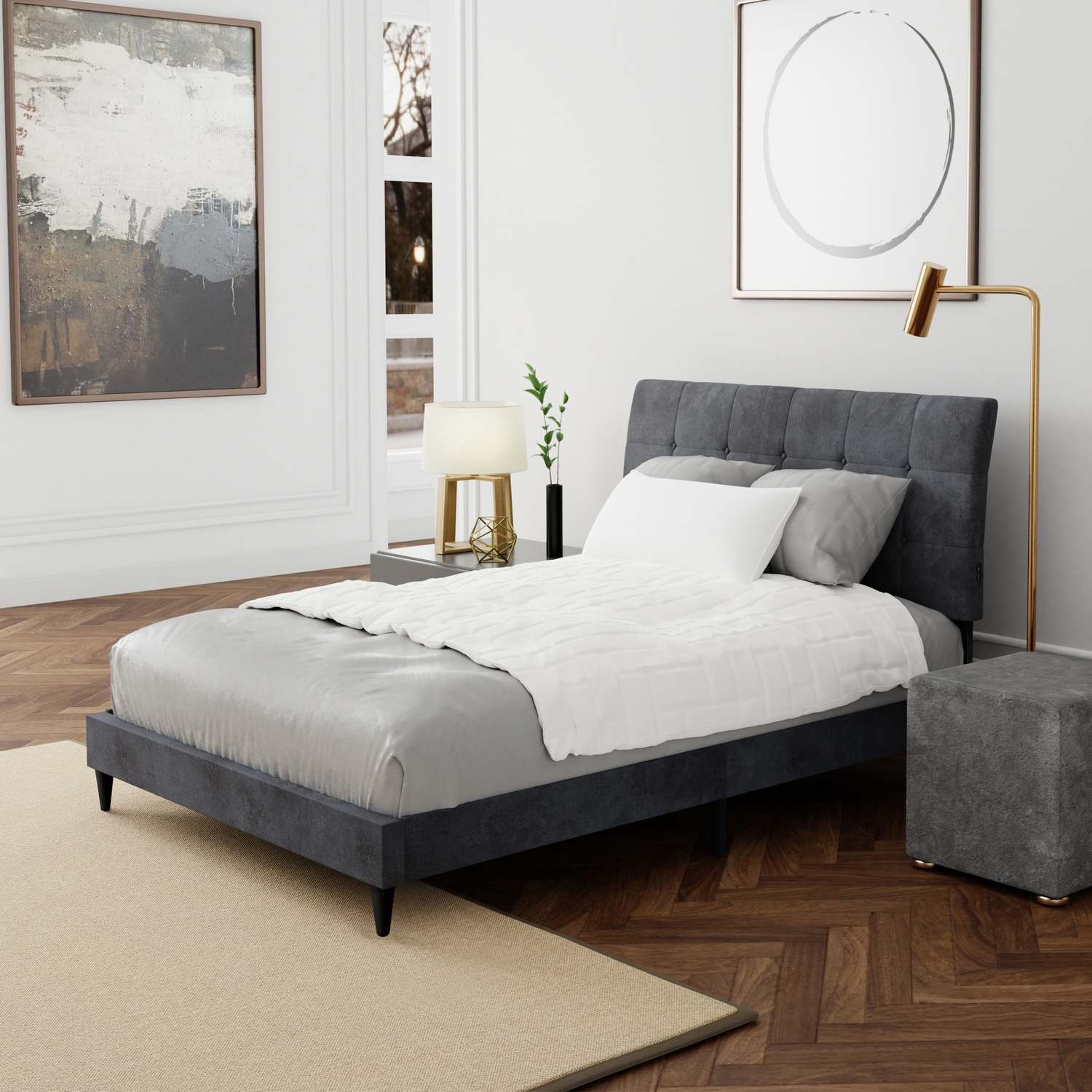 Hillsdale Blakely Button Tufted Upholstered Platform Bed with 2 Dual USB Ports - Dark Gray