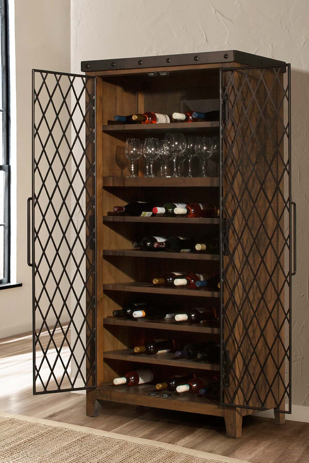 Hillsdale Jennings Tall Wine Cabinet - Walnut Wood/Brown Metal