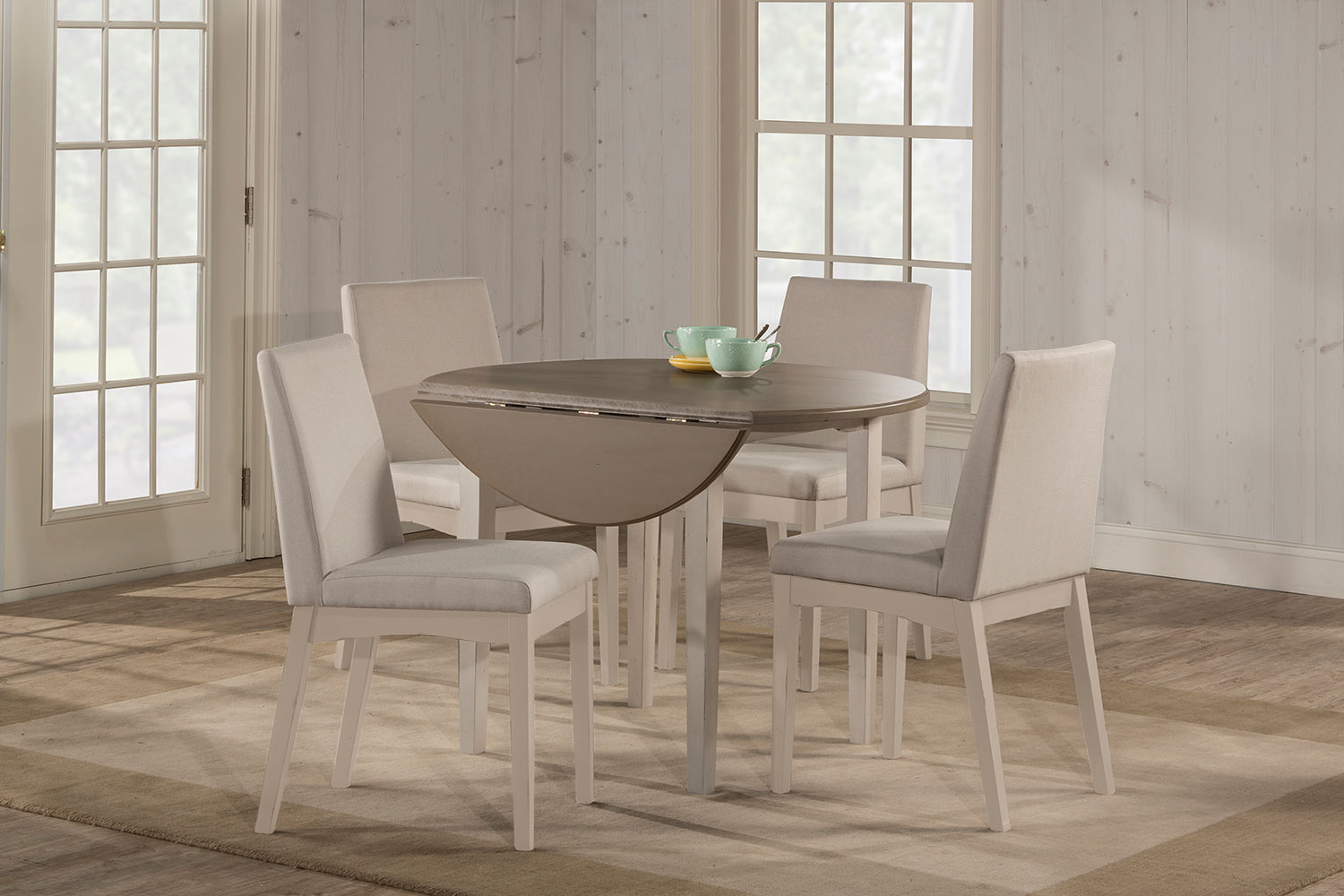 Hillsdale Clarion 5-Piece Round Dining Set with Upholstered Chairs - Sea White - Fog Fabric