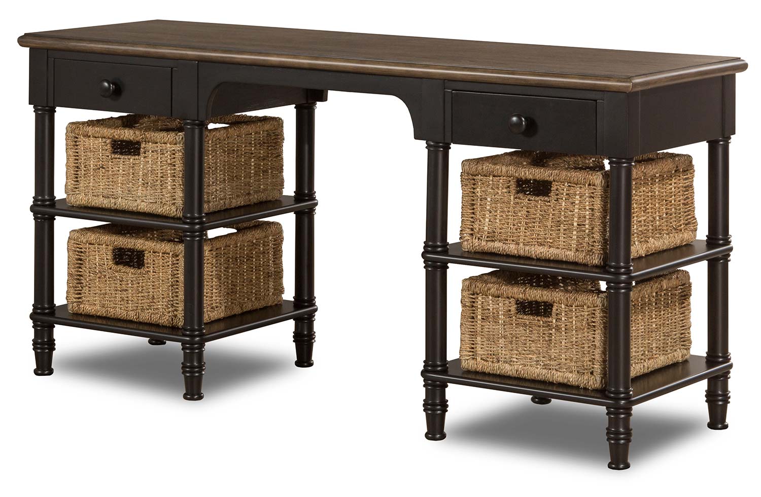 Hillsdale Seneca Desk with 4 Baskets - Waxed Black/Natural Seagrass
