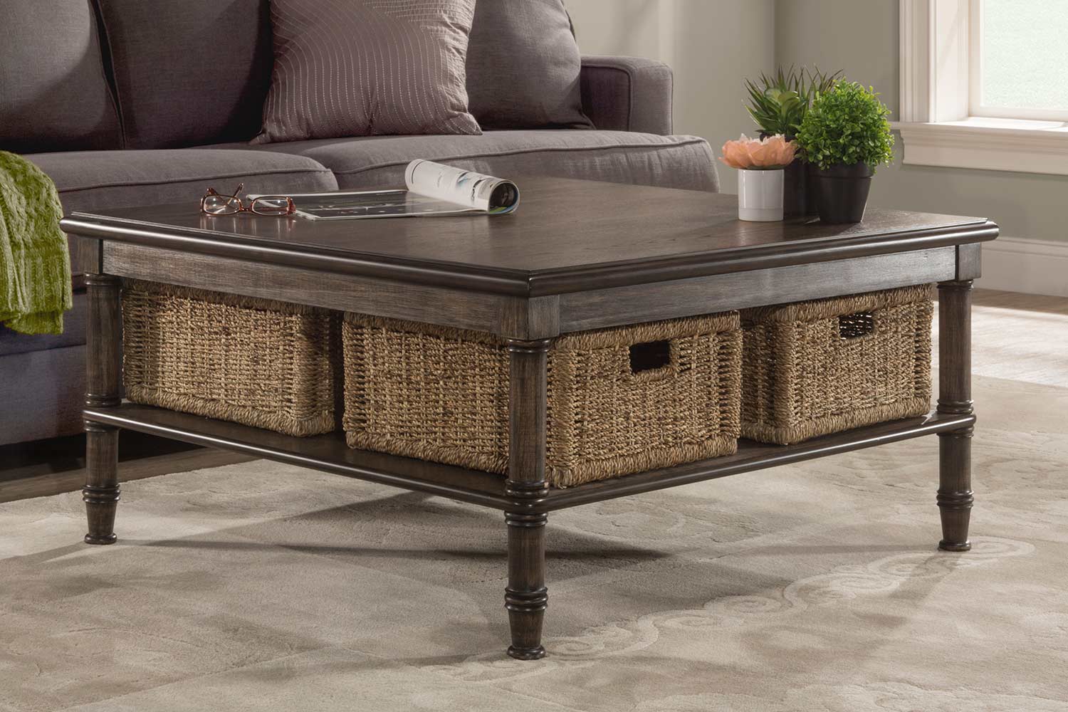 Hillsdale Seneca Coffee Table with 4 Baskets - Walnut/Natural Seagrass