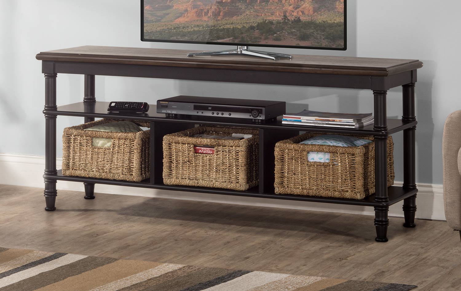 Hillsdale Seneca Storage Console with 3 Baskets - Waxed Black/Walnut/Natural Seagrass