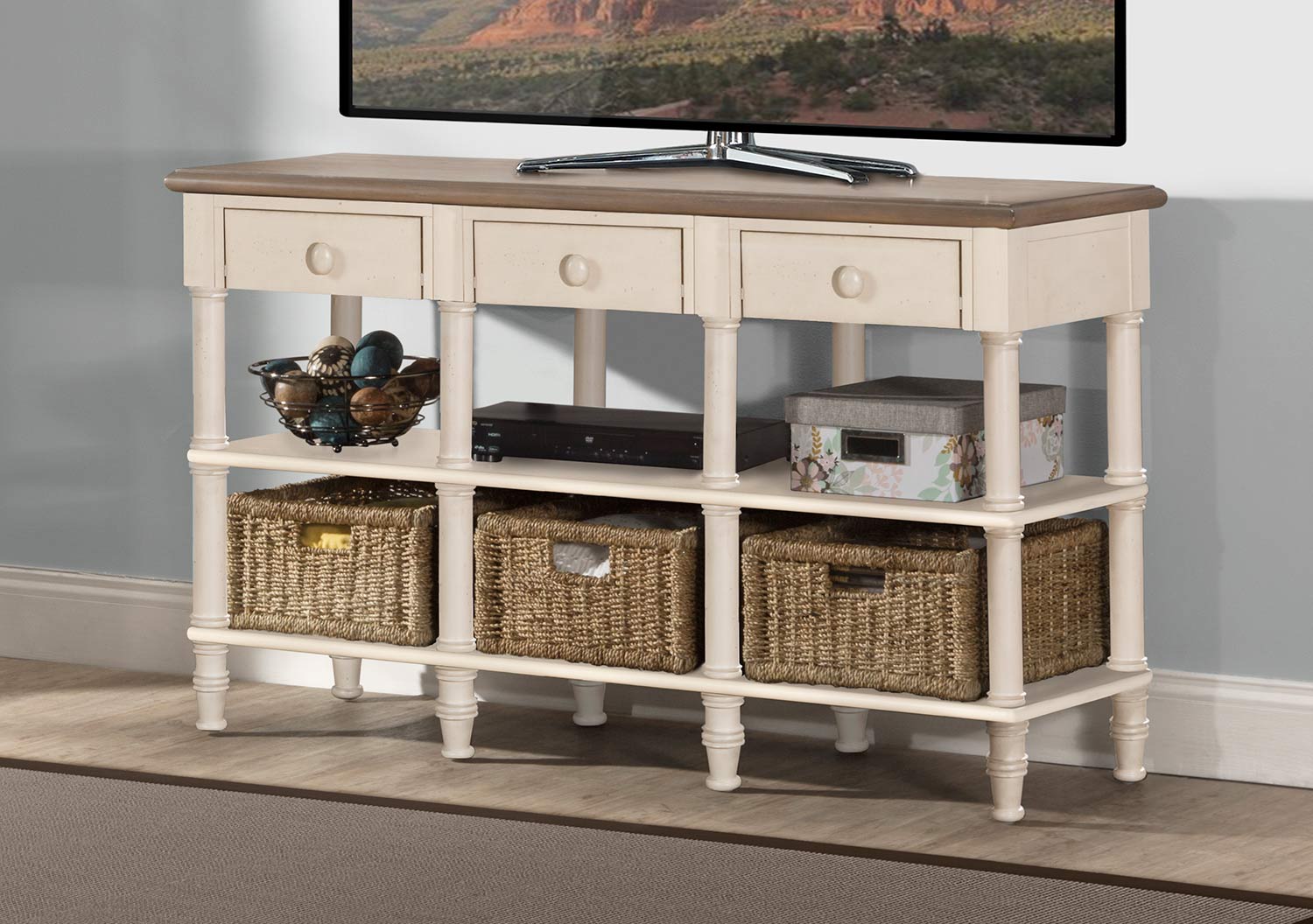 Hillsdale Seneca 3-Drawers Sofa Table with 3 Baskets - Driftwood/Sea White/Natural Seagrass