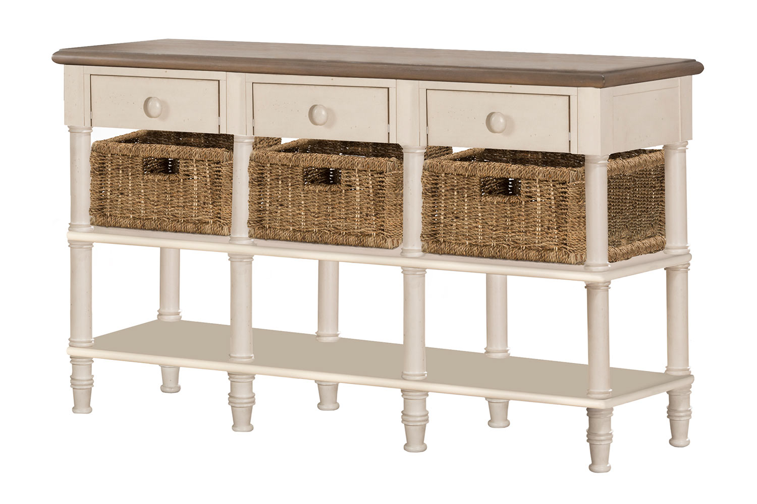 Hillsdale Seneca 3-Drawers Sofa Table with 3 Baskets - Driftwood/Sea White/Natural Seagrass