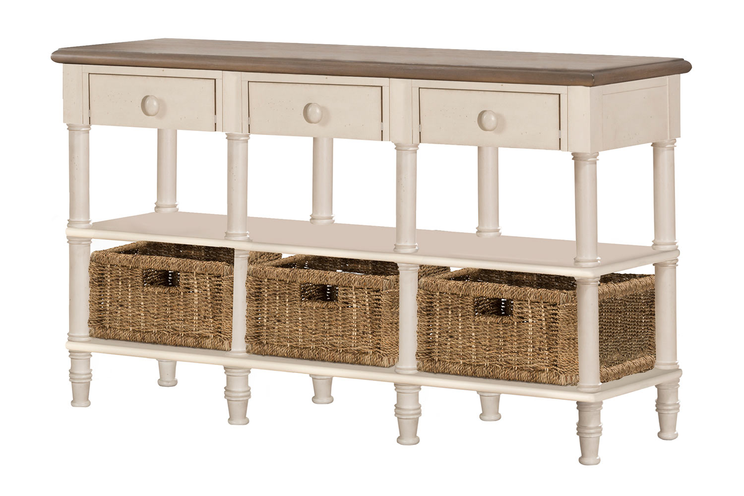 Hillsdale Seneca 3-Drawers Sofa Table with 3 Baskets - Driftwood/Sea White/Natural Seagrass