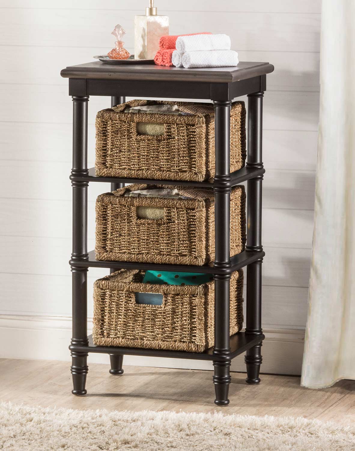 Hillsdale Seneca Basket Stand with 3 Baskets - Waxed Black/Walnut/Natural Seagrass
