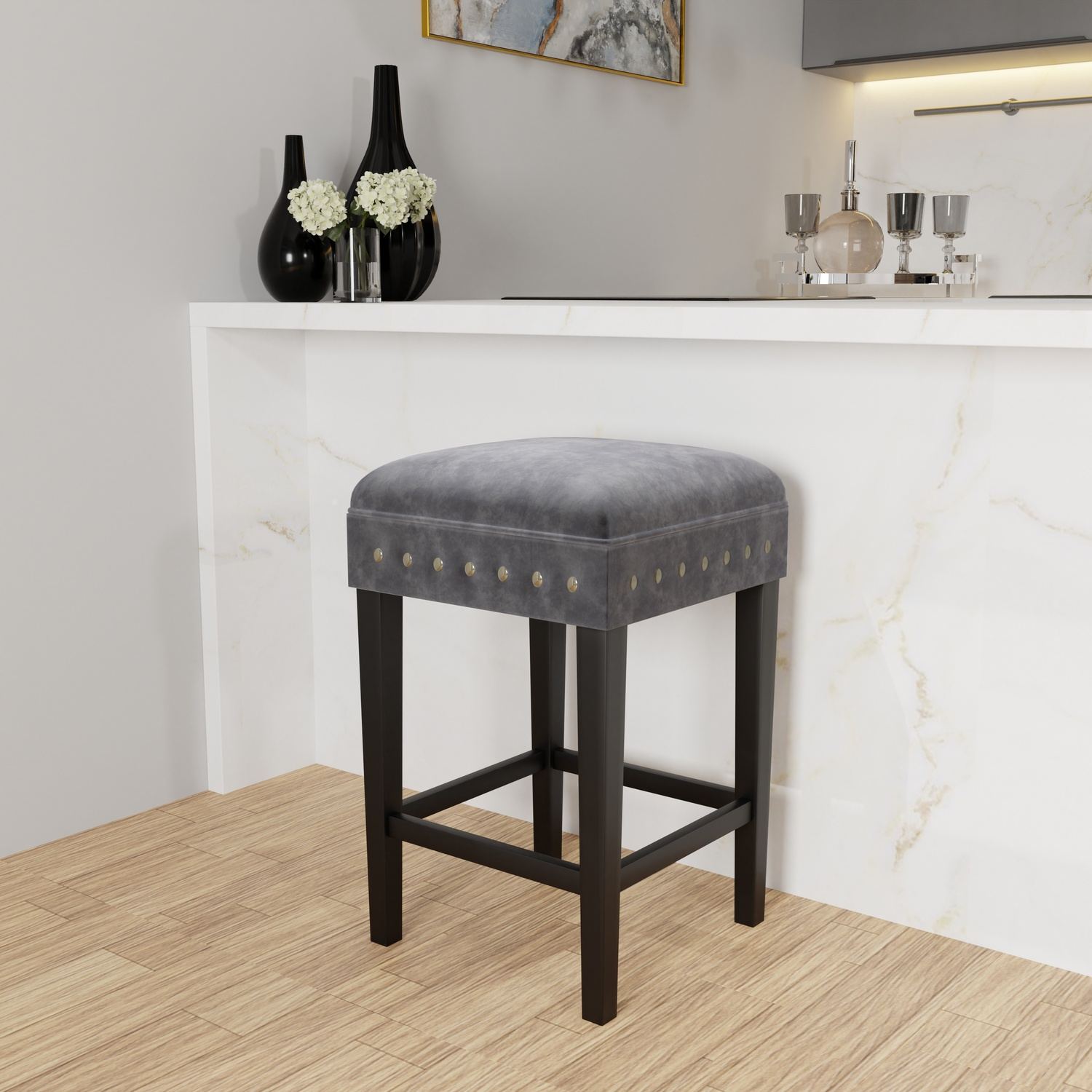 Hillsdale Cassidy Wood and Upholstered Backless Counter Height Stool - Black/Charcoal Velvet