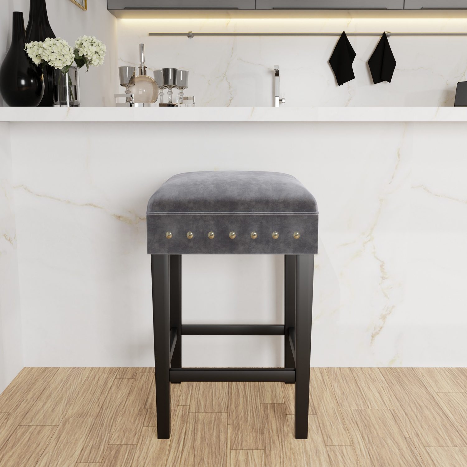 Hillsdale Cassidy Wood and Upholstered Backless Counter Height Stool - Black/Charcoal Velvet