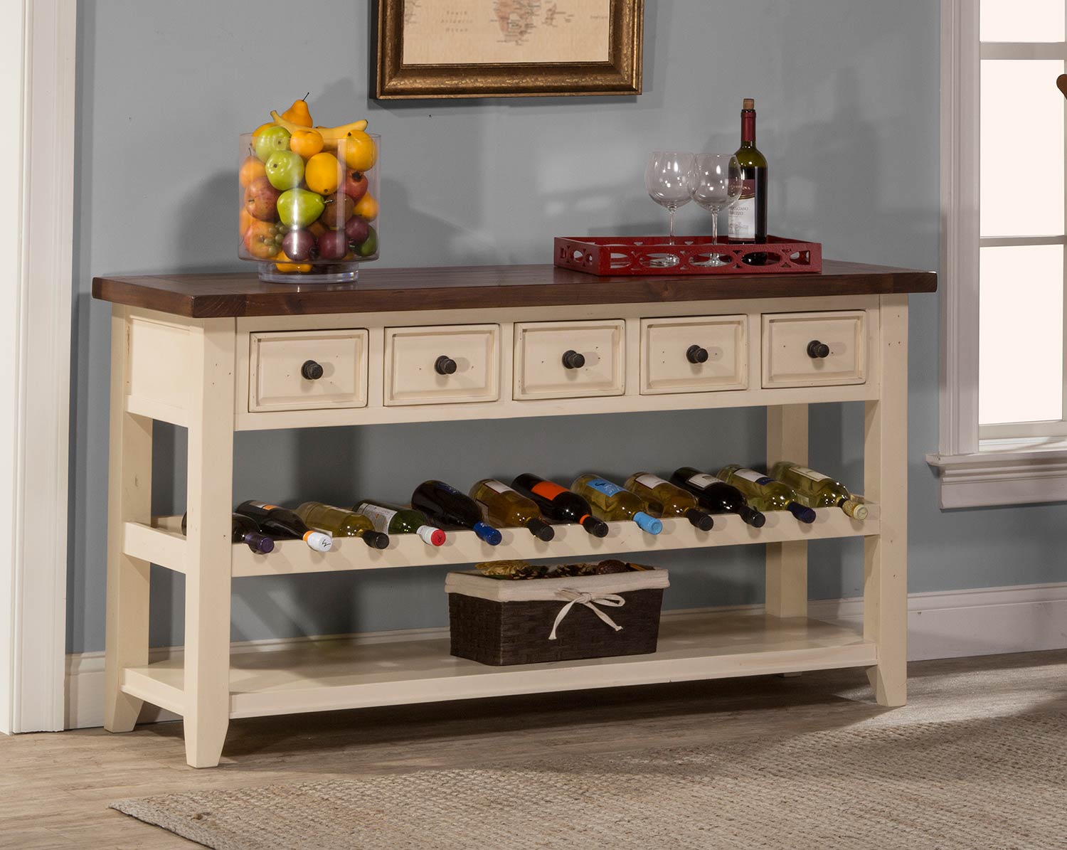 Hillsdale Tuscan Retreat Wine Rack Hall Table with Five Drawers - Country White/Antique Pine Top