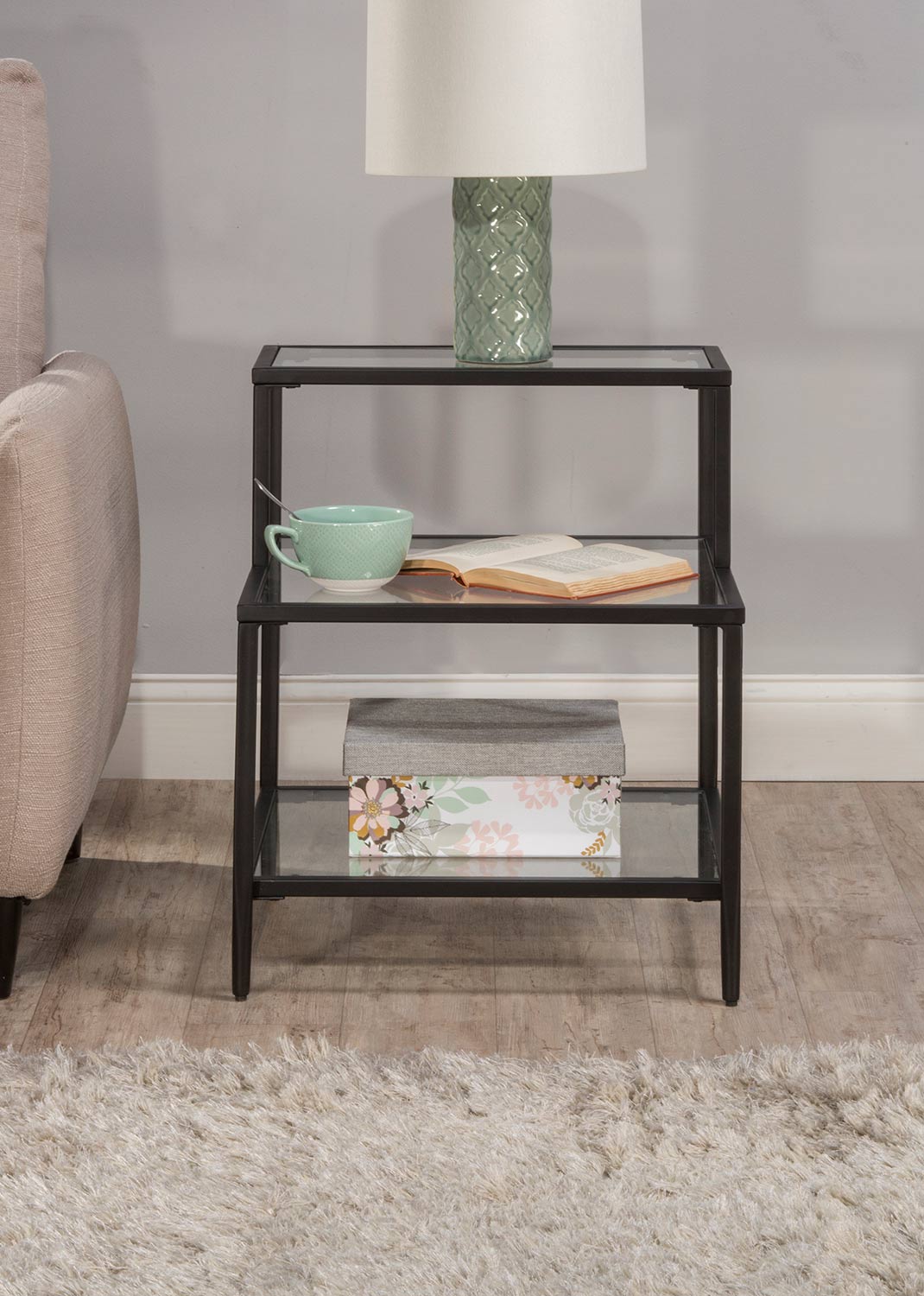 Hillsdale Harlan 3-Tier End Table with 2-Large and 1-Small Glass Shelves - Black