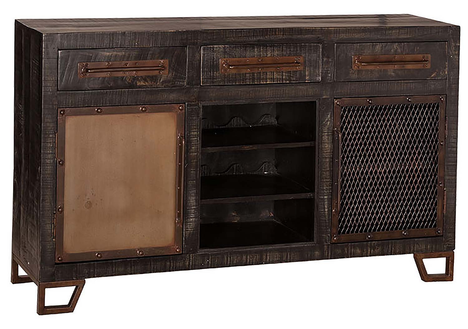 Hillsdale Bridgewater Sofa Table with One Door/One Chicken Wire Door - Black Wood/Zinc Metal