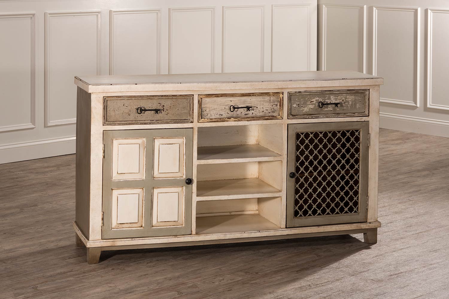 Hillsdale LaRose Console Table with 2 Door Storage and Wine Rack - Handpainted White/Gray