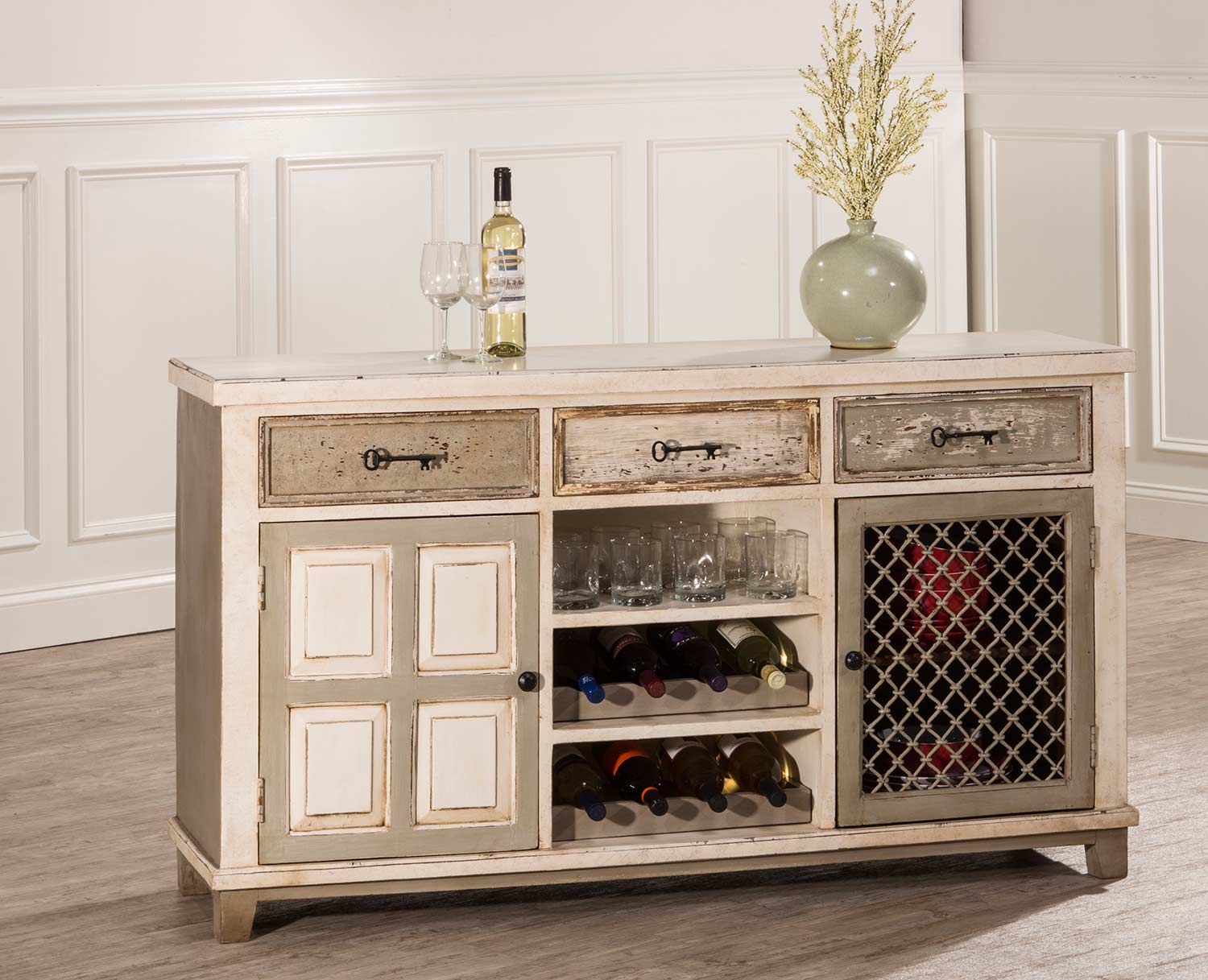 Hillsdale LaRose Console Table with 2 Door Storage and Wine Rack - Handpainted White/Gray