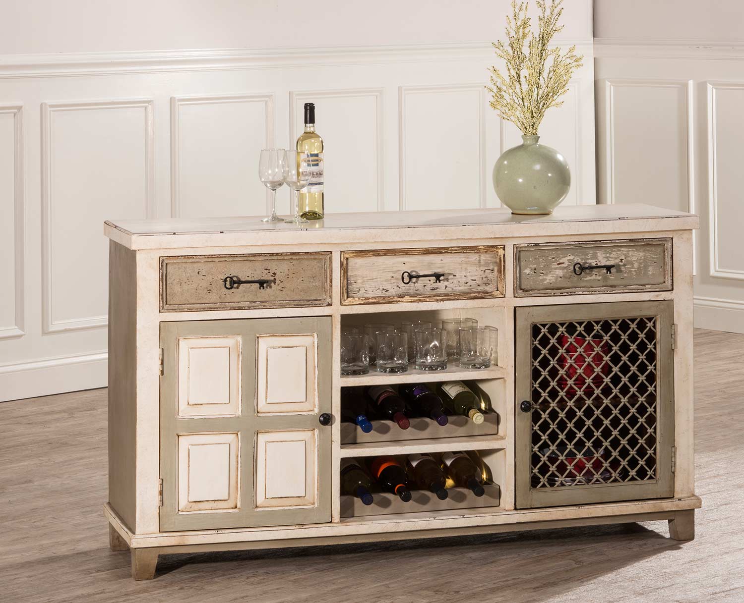 Hillsdale Larose Console Table With 2 Door Storage And Wine Rack Handpainted White Gray Hd 5808 866 At Homelement Com