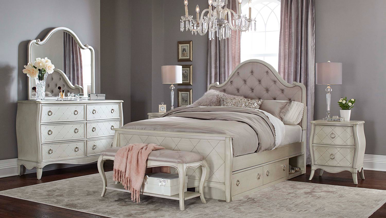 NE Kids Angela Arc Upholstered Bedroom Set With Storage Unit - Opal Grey