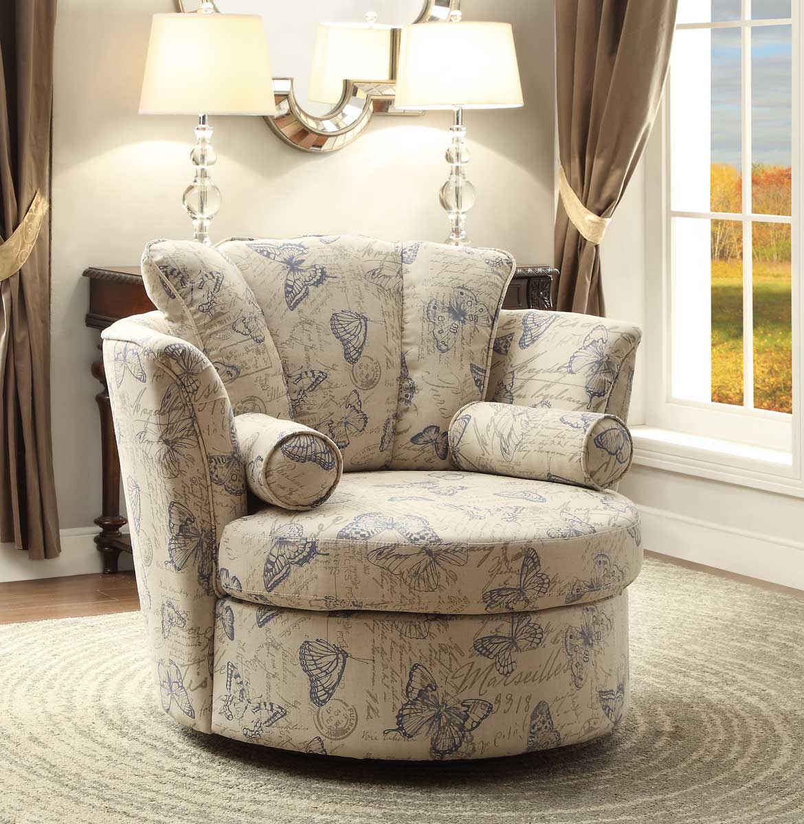 Homelegance Aurelia Swivel Accent Chair with 2 Pillows - Butterfly Print