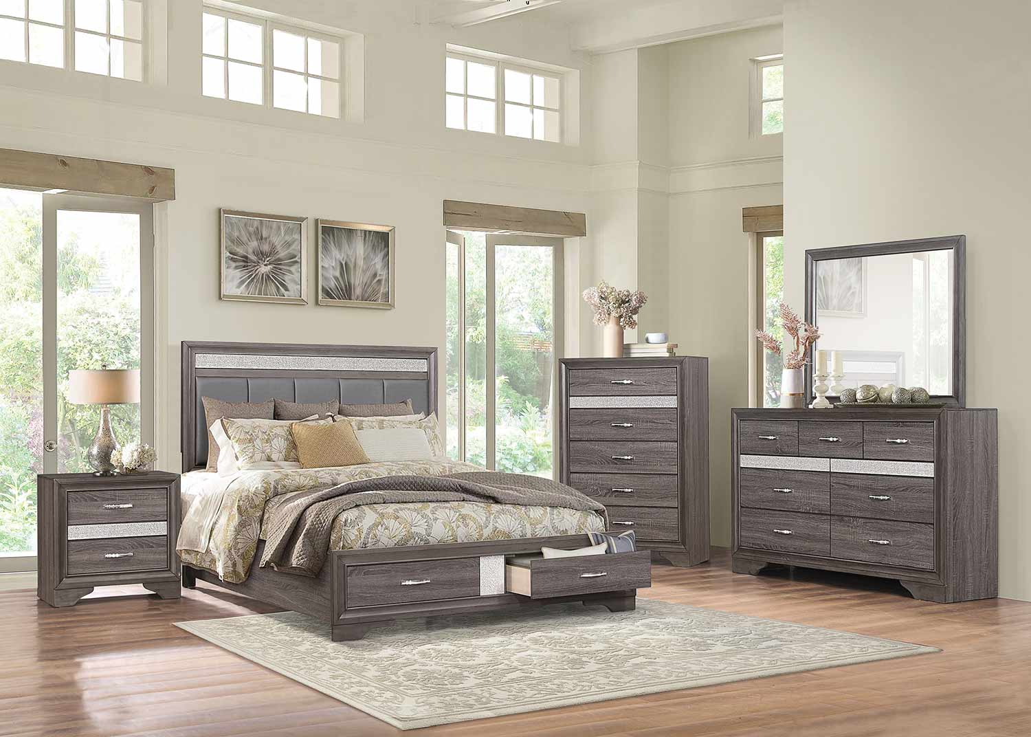 Homelegance Luster Storage Platform Bedroom Set - Gray and Silver Glitter